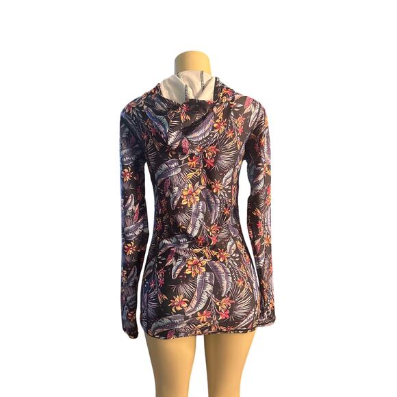 Women XS Inno Black Floral Print Surf Swim Rash Guard Shirt Top Long Slv Hooded - Picture 4 of 6